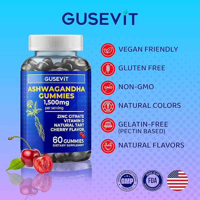 Ashwagandha Gummies 1,500mg with Vitamin D & Zinc | Vegan Ashwaghandha Supplement for Mood & Immune Support, Focus & Relaxation | Gluten-Free, Non-GMO | Cherry Flavor, 60 Ct