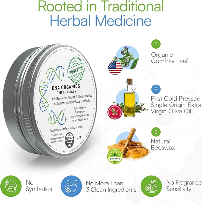 DNA Organics Comfrey Salve. Organic Herbal Balm for Bones, Muscles, Joints, Knees, Skin, Swelling & Tattoo Care. Handcrafted, Slow-Infused. No Chemical Fillers. 2 oz