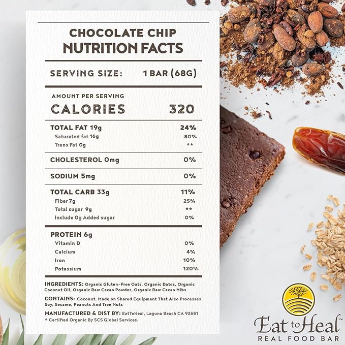 EatToHeal Chocolate Chip Real Food Bar - Organic Vegan Healthy Gluten Free Protein Bars - Low Sugar Meal Replacement Bar, Non GMO, Never Baked, Plant Based - Crafted to Enjoy, Not Sit on Shelves