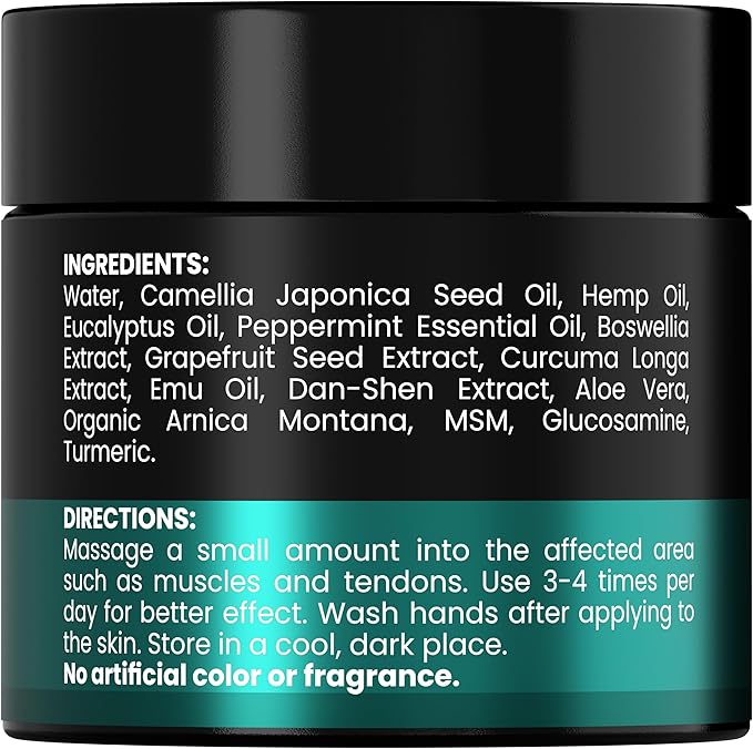 Natural Hemp Cream with Turmeric, Msm, Arnica - Hemp Cream Maximum Strength for Discomfort in Back, HIPS, Joints, Knees, Elbows - Maximum Joint Support with Hemp Oil Extract Gel - 4 oz