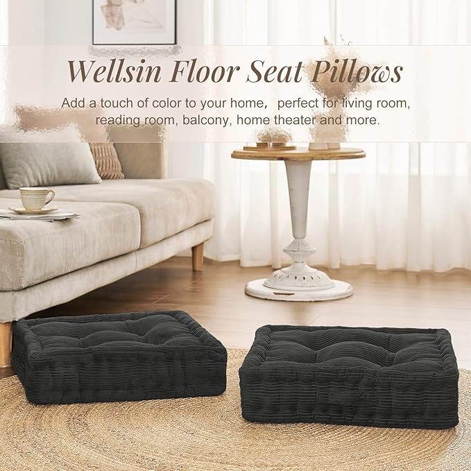 Square Floor Pillows for Adults Kids - Meditation Floor Pillow Seating Cushion - Tufted Floor Cushion with Shredded Foam & Velvet Cover, 1 Pack, 20x20 Inch, Gray
