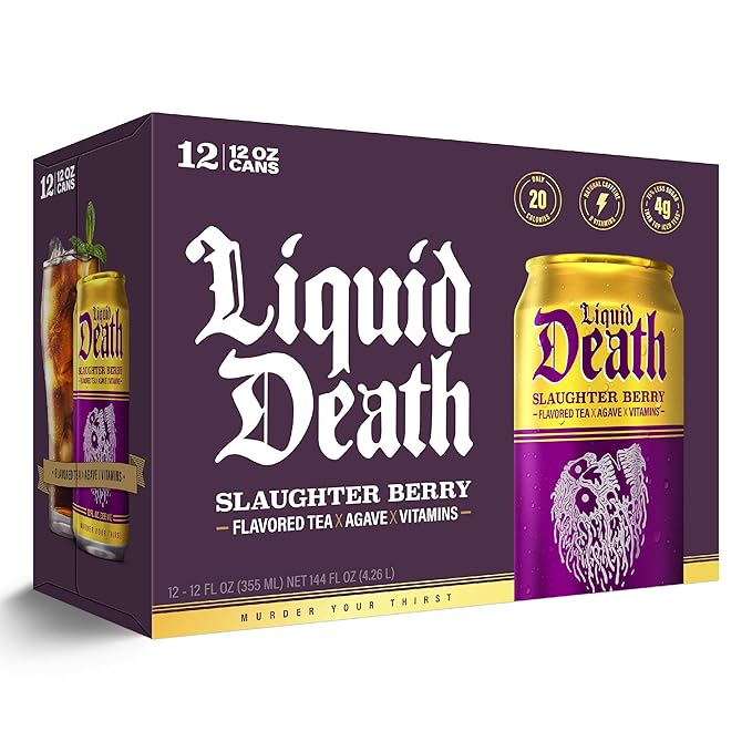 Liquid Death, Slaughter Berry Iced Tea, 12-Pack (12 oz Cans), Raspberry Flavored Black Tea, Low Calorie, No Artificial Sweeteners, B12 & B6 Vitamins