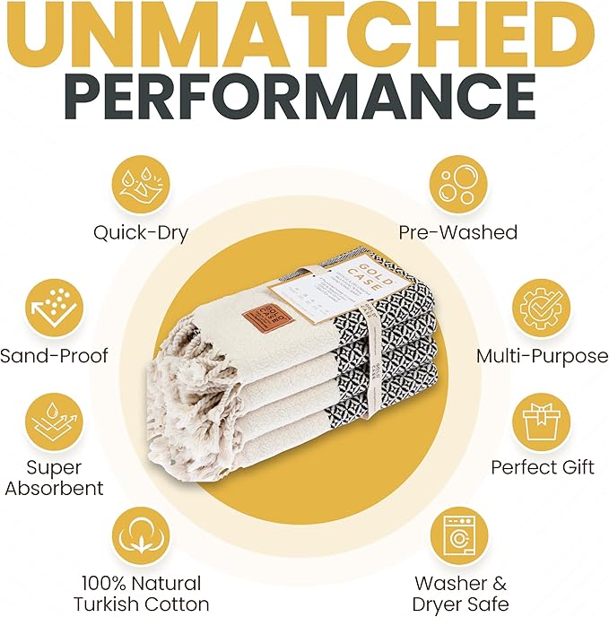Gold CASE Turkish Hand Towels for Bathroom Set of 4 – 20 x 40'' – 100% Cotton Bathroom Towels – Aphrodite Kitchen Small Towel for Spa, Face, Tea & Dishcloth – Decorative Patterned Weave – Black