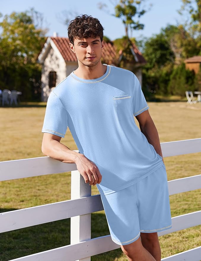Ekouaer Men's Pajamas Set Casual Short Sleeve Shirts and Shorts Soft 2 Piece Loungewear With Pockets