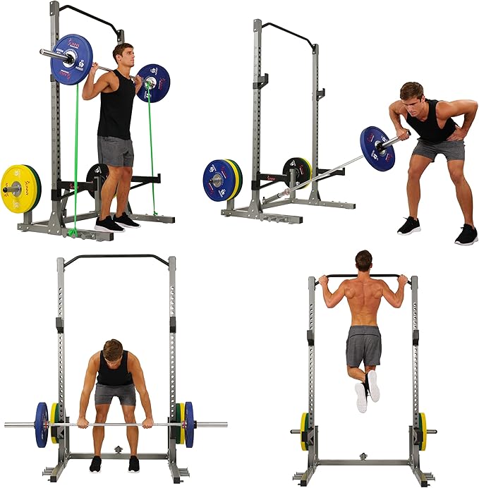 Sunny Health & Fitness Power Cage and Squat Rack In High Weight Capacity with J-Hooks, Adjustable Pull Up Bar, Weight Plate Holders, Resistance Band Posts