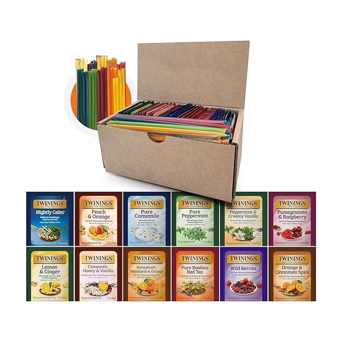 Twinings 48 Tea Bags Herbal Variety Pack, Bundle with 20 Flavored Honey Sticks – 12 Flavors Caffeine-Free Individually Wrapped Teas for Gift Basket, Office, Lobby Refreshments