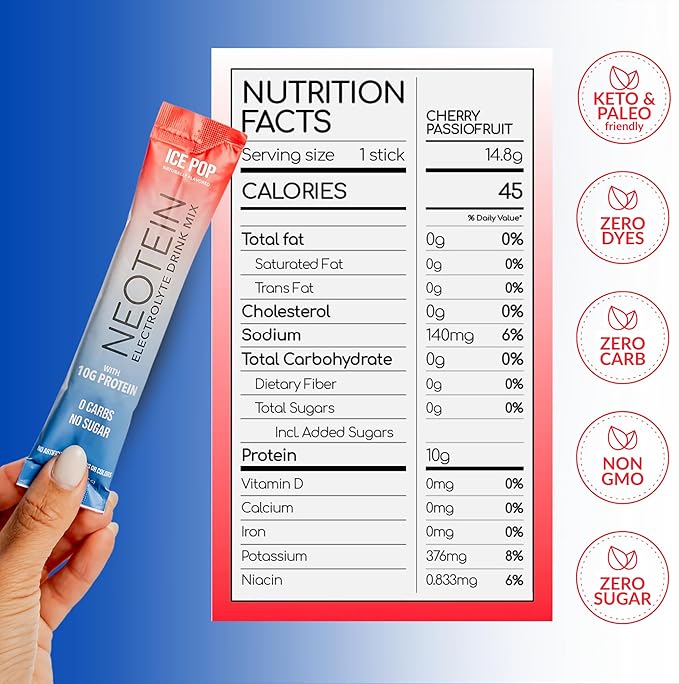 NEOTEIN: Electrolyte Powder Packets with 10g Protein & Collagen | Hydration Packets - Zero Sugar, NO Fillers, NO Carbs | Ice Pop | 40 Calories | Keto & Paleo | Pack of 15