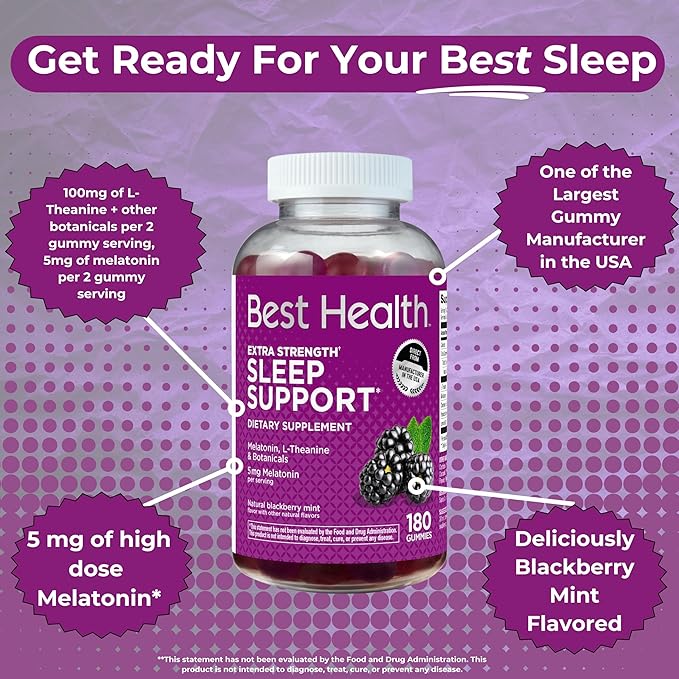 Melatonin Gummies, Melatonin per Serving for Sleep Support*, with L-Theanine & Botanicals, Natural BlackBerry Mint Flavor (180ct) (5mg)