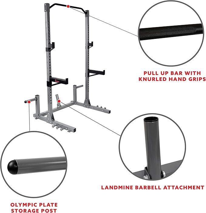 Sunny Health & Fitness Power Cage and Squat Rack In High Weight Capacity with J-Hooks, Adjustable Pull Up Bar, Weight Plate Holders, Resistance Band Posts