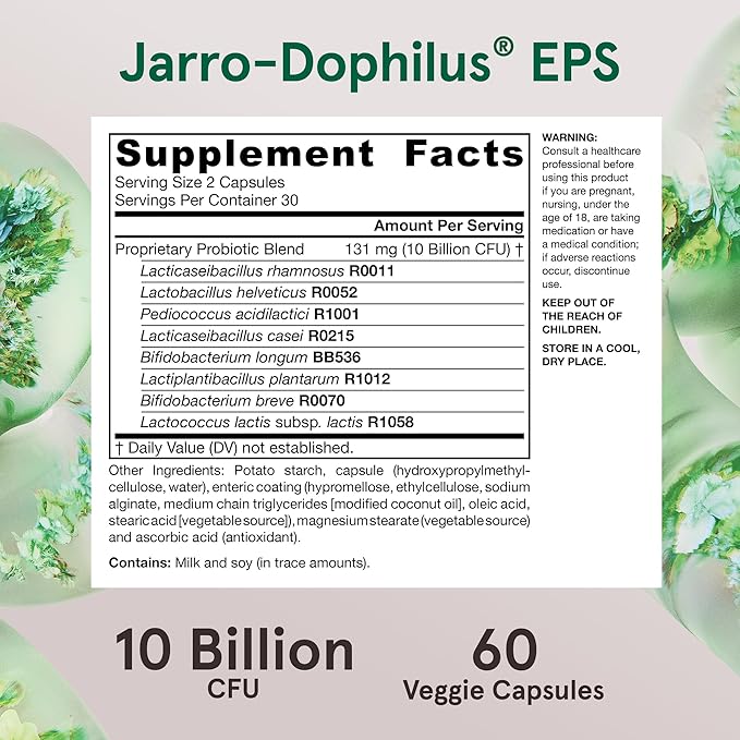 Jarrow Formulas Jarro-Dophilus EPS Probiotics 10 Billion CFU, Dietary Supplement for Intestinal Tract Support, Gut Health Supplements for Women and Men, 60 Veggie Capsules, 30 Day Supply
