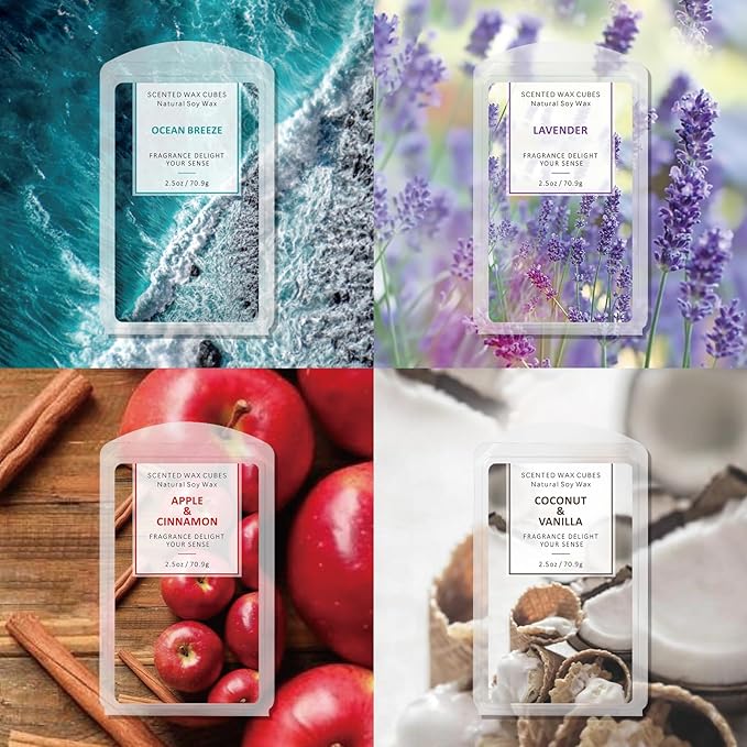 SCENTORINI Wax Melts, Scented Wax Melts Wax Cubes Strong Scent, Natural Soy Wax for Wax Warmer 4 Pack- Ocean Breeze, Vanilla Coconut, Cinnamon, Lavender