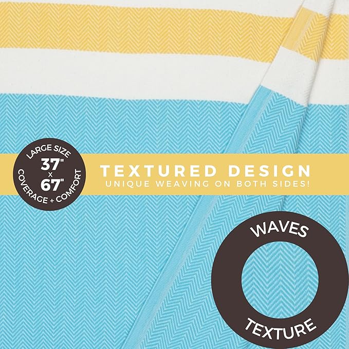 FESHKA Sand Proof Turkish Beach Towel – Oversized, Quick Dry & Lightweight Travel Towel - 100% Organic Cotton Beach Blanket - Perfect for Bath, Pool & Picnic | Good Vibes (Yellow/Blue)