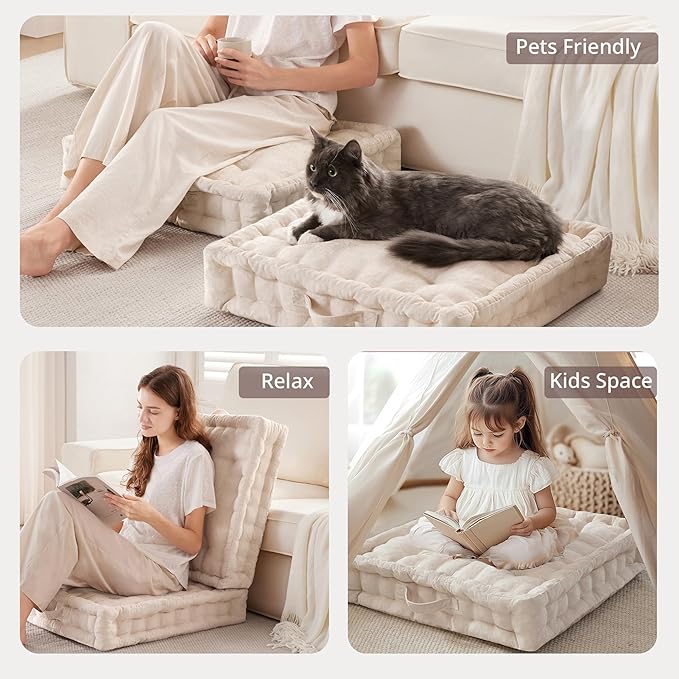 Intelligent Design Azza Large Cushion/Pouf, 24" W x 24" L x 5" H, Square Ivory with Handle