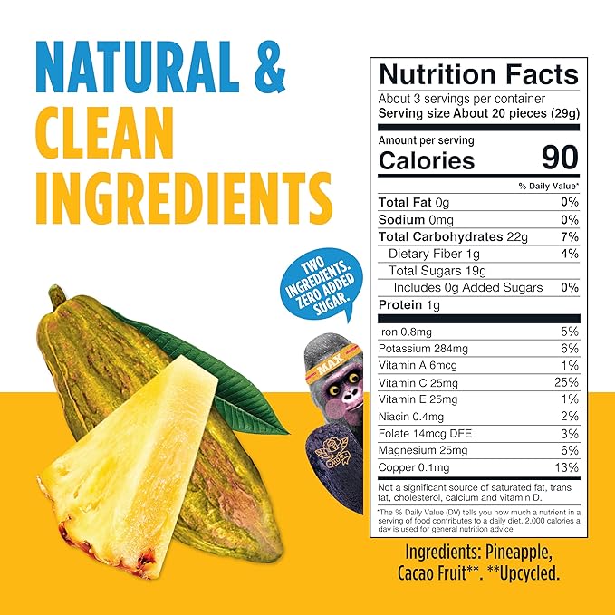 Blue Stripes Cacao Superfruit Gummies - Vegan Chewy Fruity Snack, No Sugar Added 100% Fruit Gummy, 9 Essential Vitamins & Minerals, Natural Tropical Superfood - Pineapple & Cacao, 3.2 oz (4 Pack)