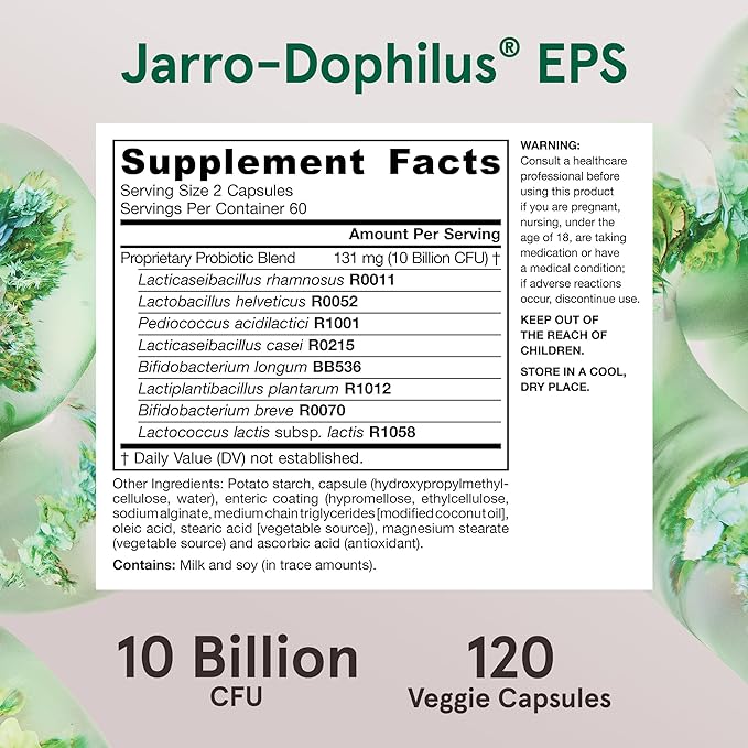 Jarrow Formulas Jarro-Dophilus EPS Probiotics 10 Billion CFU for Intestinal Tract Support, Probiotic Supplement for Gut Health for Women and Men, 120 Veggie Capsules, Up to a 60 Day Supply,Pack of 12