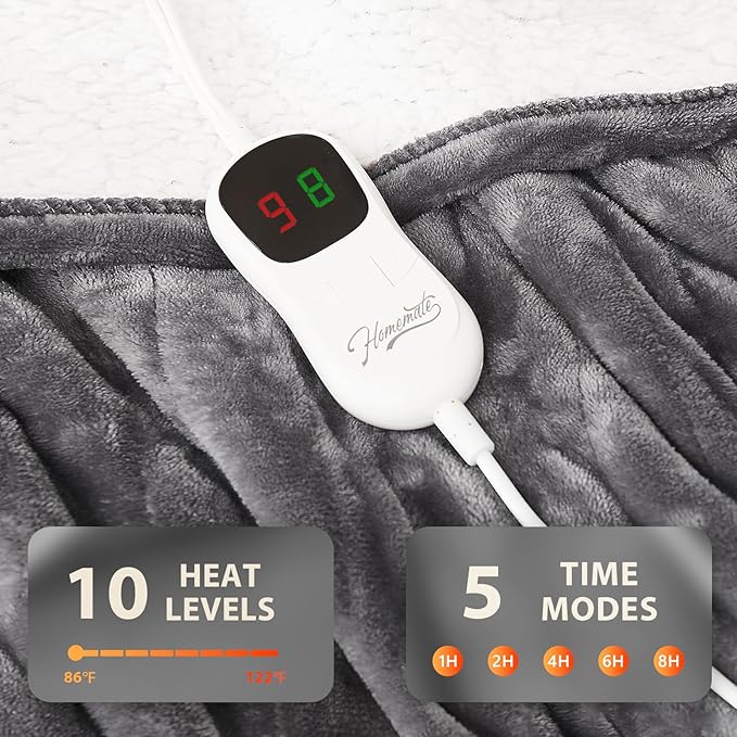 Homemate Electric Heated Blanket Full Size - 72"x84" Heated Bed Blanket Throw with 10 Heating Levels 8 Hours Auto Off Fast Heating Over-Heat Protection-Ultra Soft Flannel ETL Certified, Grey
