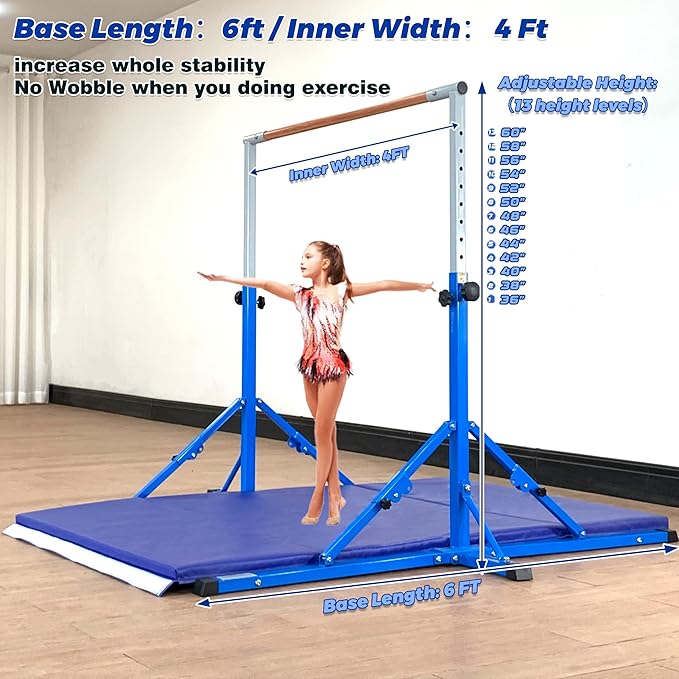 Gymnastic Bar for Kid and Teenage Ages 3-25, 5 FT / 6 FT Base Length, 5 FT / 6 FT Height, Gymnastic Kip Bar Horizontal Bar for Gymnast, Gymnastic Training Equipment for Home and Club Use