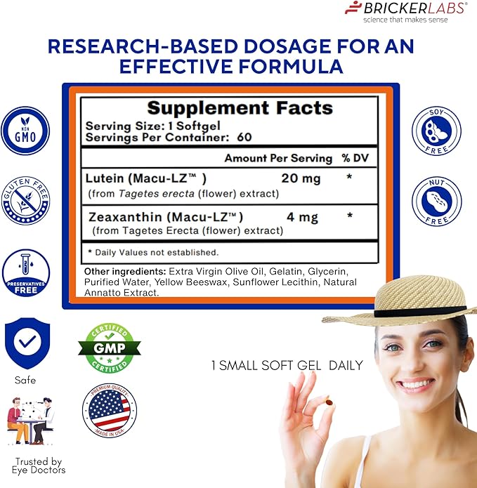 Bricker Labs Natural Lutein + Zeaxanthin Eye Supplement – Supports Eye, Brain, and Skin Health with Macular Carotenoids, Superior Bioavailability, AREDS2 Chosen Lutein Source – 60 Soft Gels