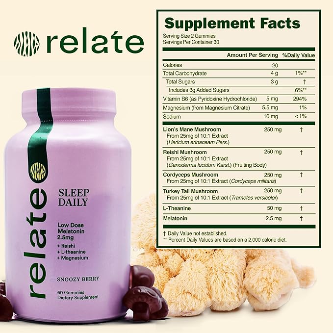 Relate Sleep Daily Gummies - Mushroom-Infused Sleep Support with Low-Dose Melatonin, Magnesium, L-Theanine, Lion's Mane, Reishi, Cordyceps, and Turkey Tail Mushrooms - Vegan, Made in USA - 60 Count