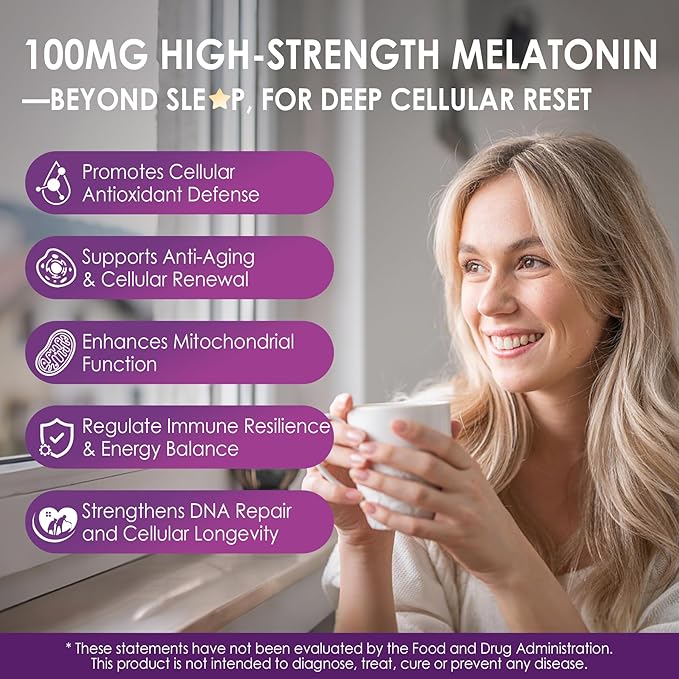 Melatonin 100mg for Antioxidant & Cognitive Health, Ultra High Dose Melatonin with CoQ10, Turmeric, Trans-Resveratrol, Vitamin B12 C E for Brain Anti-Aging, Cellular Repair and Energy, 75 Softgels