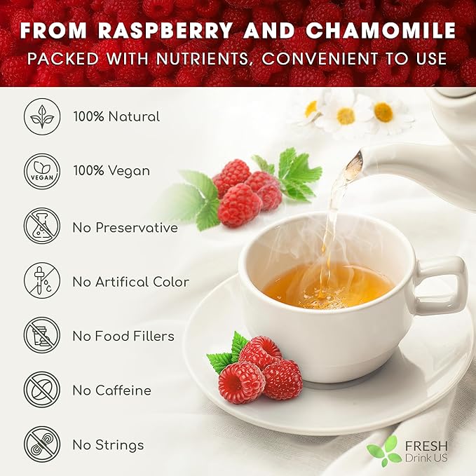 FreshDrinkUS, Premium Raspberry Leaf Tea with Chamomile โ 135 Tea Bags | Naturally Caffeine-Free Herbal Blend | Soothing Floral Flavor | Premium Loose Herbal Tea in Natural Material Tea Bags