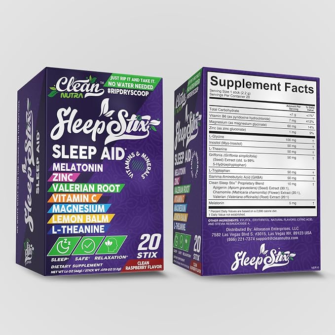 Sleep Aid Melatonin Powder Tryptophan Glycine Valerian Root Magnesium For Sleep Lemon Balm L Theanine Magnesium Glycinate Zinc Sleep Aid Myo Inositol GABACalm B6 5 HTP Stress Relief 20 Stix