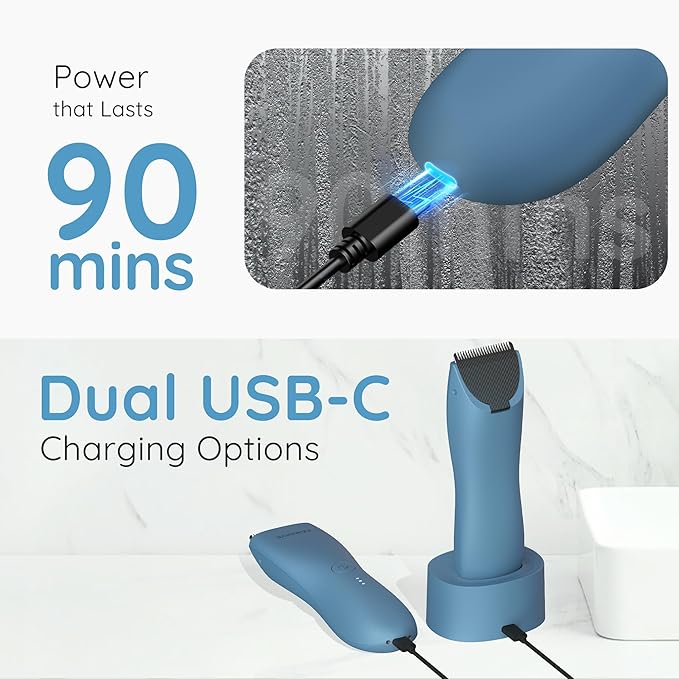 Body Hair & Pubic Hair Trimmer for Men & Women, Painless Electric Body & Bikini Shaver | Waterproof, Type-C Rechargeable, LED Light, Replaceable Blade, Manscape Personal Groomer (Azure)