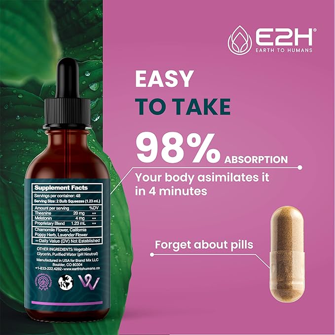 E2H Natural Sleep Support - Liquid Melatonin with Chamomile, Theanine - Sleep Better, Deeper, Longer - Vegan, GMO-Free - Provides Stress Relief - 2 Fl Oz