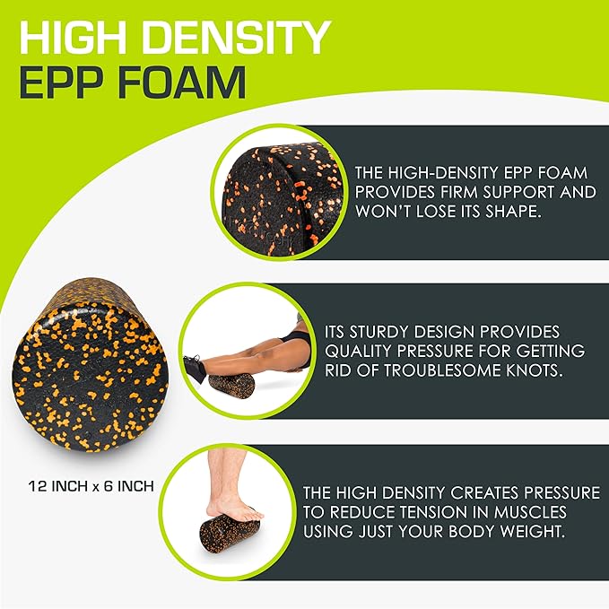 ProsourceFit High Density Foam Rollers 12 - inches Long, Firm Full Body Athletic Massage Tool for Back Stretching, Yoga, Pilates, Post Workout Muscle Recuperation