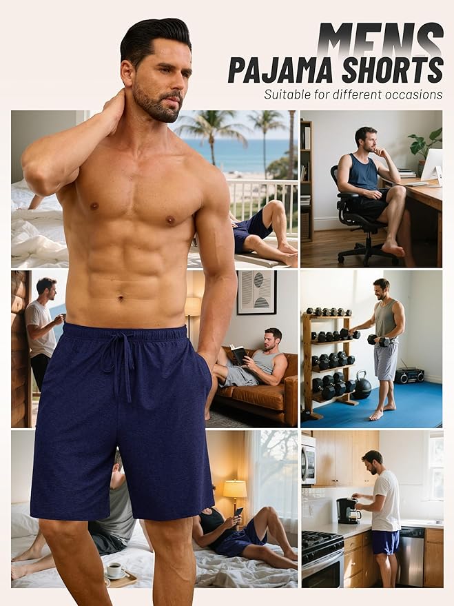 3 Pack Mens Pajama Shorts, Soft Sleep Shorts with Pockets Elastic Waist Drawstring Lounge Dry Fit Sleepwear Bottoms