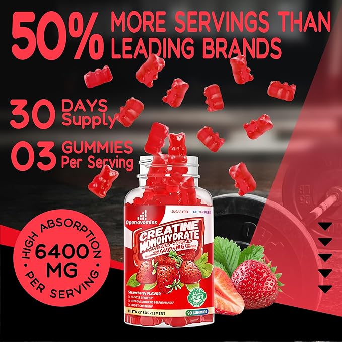 Creatine Monohydrate Gummies Complex for Men & Women -Advanced Formula W/L-Taurine + Vitamin B12, Sugar Free Chewable Supplement,90 Strawberry Gummies