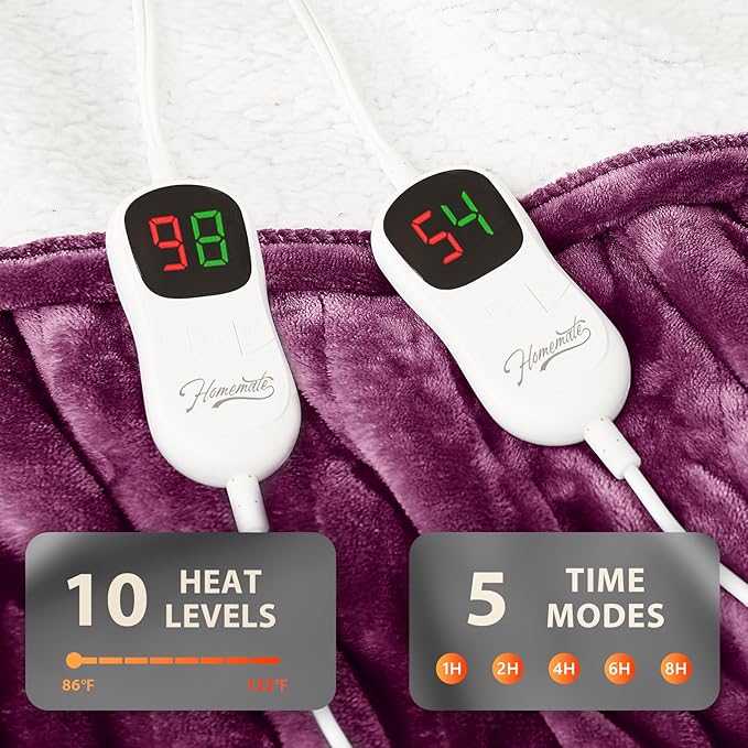 Homemate Electric Heated Blanket King - 100"x90" Heating Bed Blankets Throw with 10 Heating Levels 8 Hours Auto Off Fast Heating Over-Heated Protection Ultra Soft Warm Flannel ETL Certified Purple
