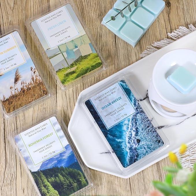 STRN Scented Wax Melts Wax Cubes Long Lasting Strong Scent, Soy Wax Cubes for Warmer Jelly Wax Melts Set, Ocean Breeze, Fresh Linen, Bohemia Forest, Summer Wind (4 x 2.5oz)