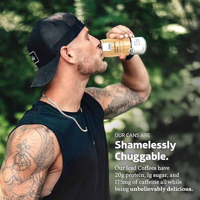 Slate Milk - High Protein Iced Coffee - Caramel Latte - 175mg Caffeine, Lactose Free Energy - 20g Protein, 1g Sugar, 100 Calories, 1g Net Carbs, No Sugar Added - Protein Coffee - 11 fl oz, 24 Cans