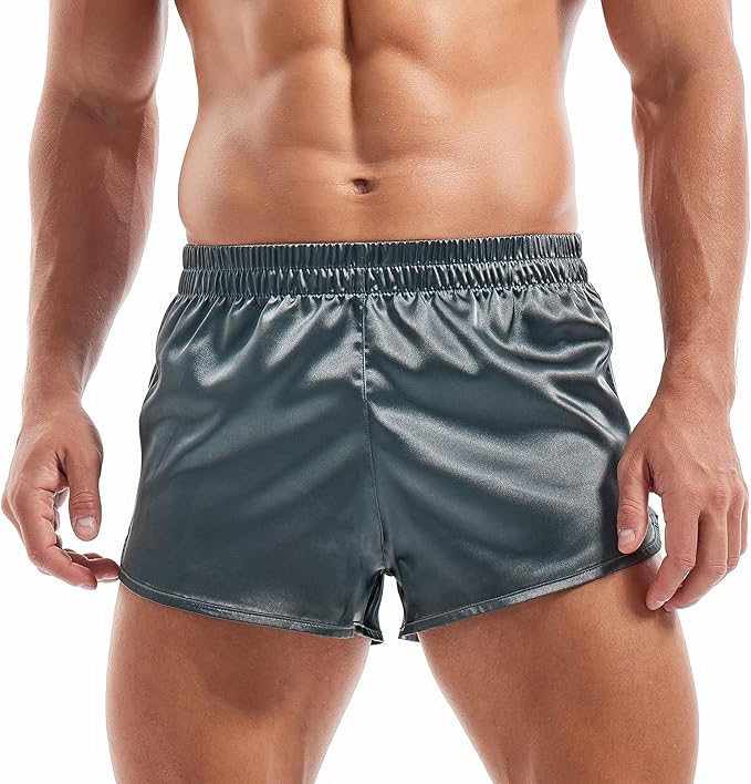 AMY COULEE Mens Satin Shorts Silk Boxers Sexy Split Side Lounge Shorts 3 Inch Pajama bottoms
