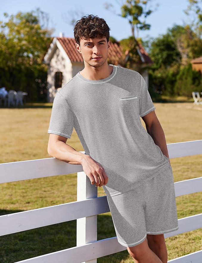 Ekouaer Men's Pajamas Set Casual Short Sleeve Shirts and Shorts Soft 2 Piece Loungewear With Pockets