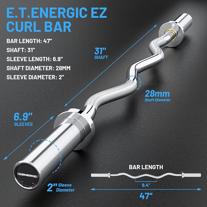 47" Olympic EZ Curl Bar 500-lbs Capacity Steel Barbell Suitable for 2" Weight Plates, 2-Inch Curl Bar for Weight Lifting,Hip Thrusts,Squat,Biceps-Home Gym Weight Bar