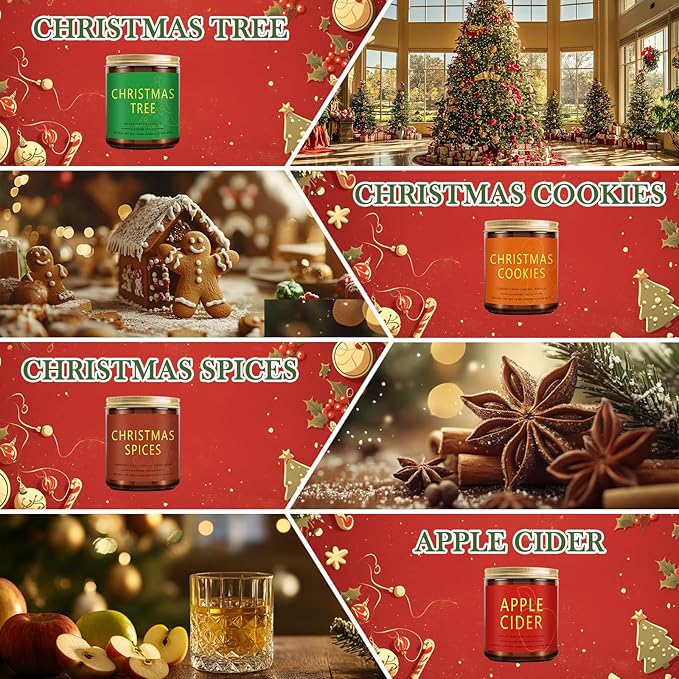 Christmas Candle Set | 4 Pack Scented Candles for Home | Holiday Gifts for Women & Men | Soy Candles with Scents of Christmas Tree, Cookies, Spices & Apple Cider