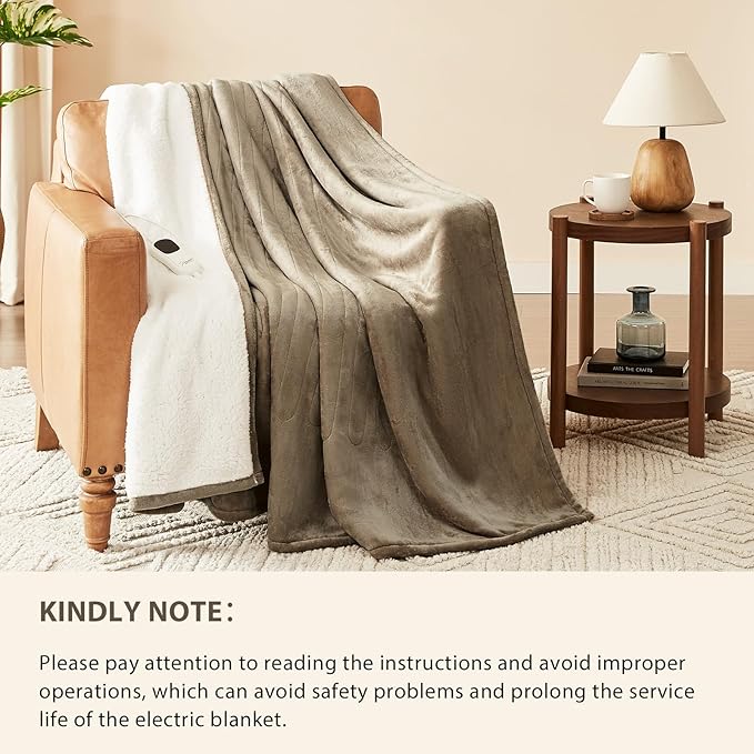 Homemate Heated Blanket Electric Throw - 50"x60" Heating Blanket Throw 1/2/4/6/8 Hours Auto-Off 10 Heat Level Over-Heat Protection Flannel Sherpa ETL Certification