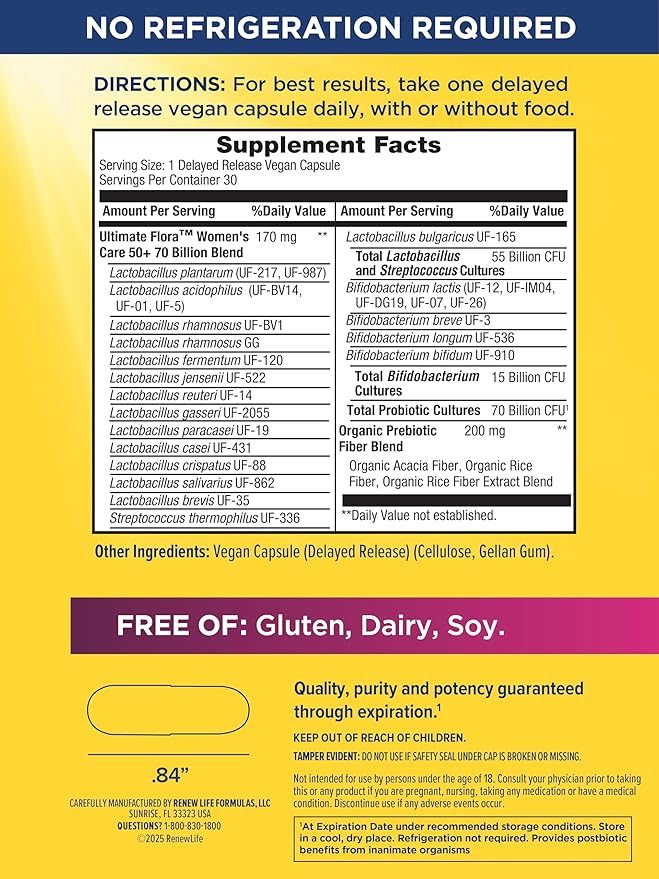 Renew Life Ultimate Flora Probiotics for Women 50+ 70 Billion CFU Delayed Release Vegan Capsules | Vaginal | Digestive Health | Immune Health | Dairy Free | 30 Count