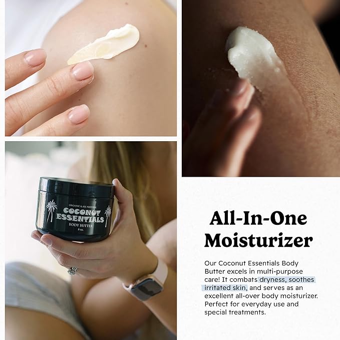 Coconut Essentials - Moisturizing Body Butter, Gluten and Paraben Free, with Coconut Oil, Peppermint, Vitamin E, Shea Butter, Almond, and Sunflower Oil, Body Lotion for Beautiful & Glowing Skin, 8 oz