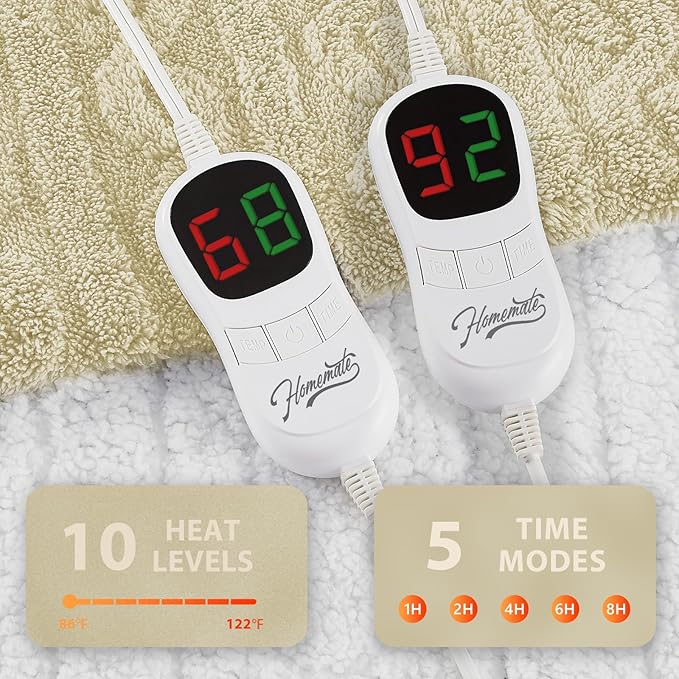 Homemate Electric Heated Blanket King - 100"x90" Heating Bed Blankets Throw with 10 Heating Levels 8 Hours Auto Off Fast Heating Over-Heated Protection Ultra Soft Warm Flannel ETL Certified