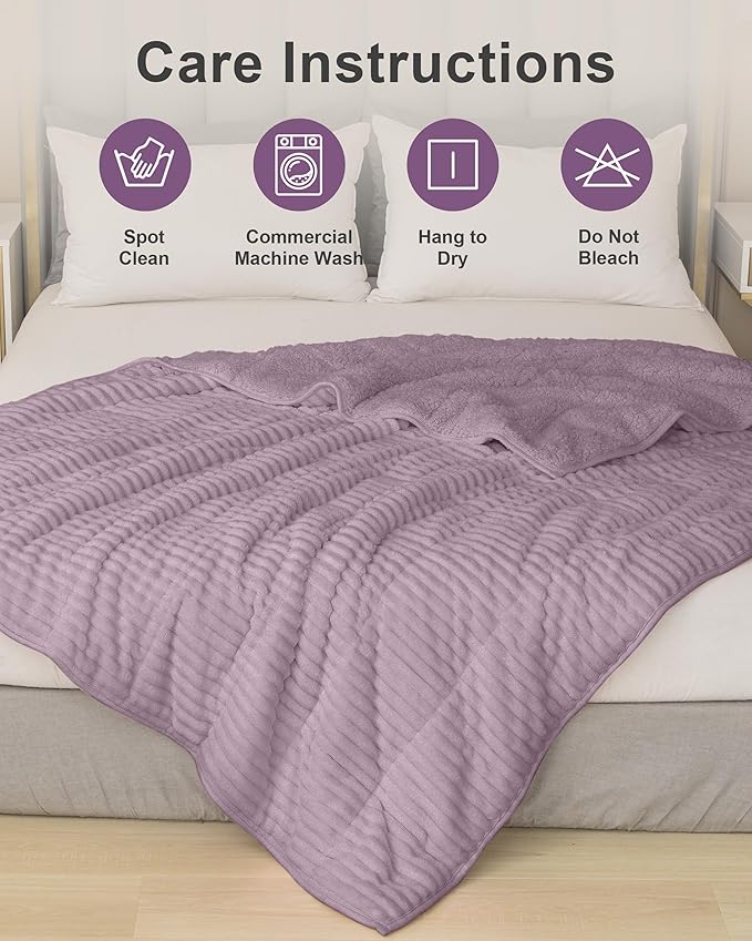 Sherpa Fleece Weighted Blanket with Ribbed Stripes for Adults, 15 lbs Dual Sided Cozy Warm Blanket for Couch Full Size Bed, Ceramic Beads Heavy Thick Blankets Great for Sleep, Light Purple, 60" x 80"