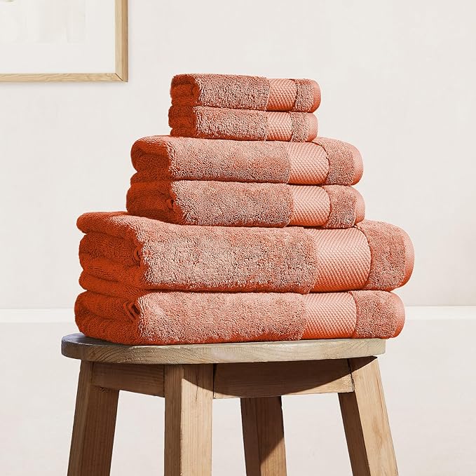 BIOWEAVES 100% Organic Cotton 700 GSM Plush 6-Piece Premium Towel Set GOTS Certified, 2 Bath Towels, 2 Hand Towels & 2 Washcloths - Burnt Orange