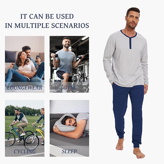 Men's Pajama Set with Henley Neckline 100% Cotton Soft and Comfortable Nightwear 2-Piece Lounge Set