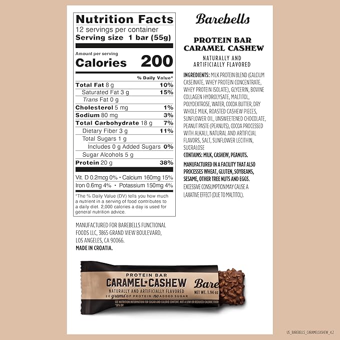 Barebells Protein Bars Caramel Cashew - 12 Count, 20g High Protein Treats - Chocolate Nutrition Bar with 1g Total Sugars - On-The-Go Breakfast or Post-Workout Snack