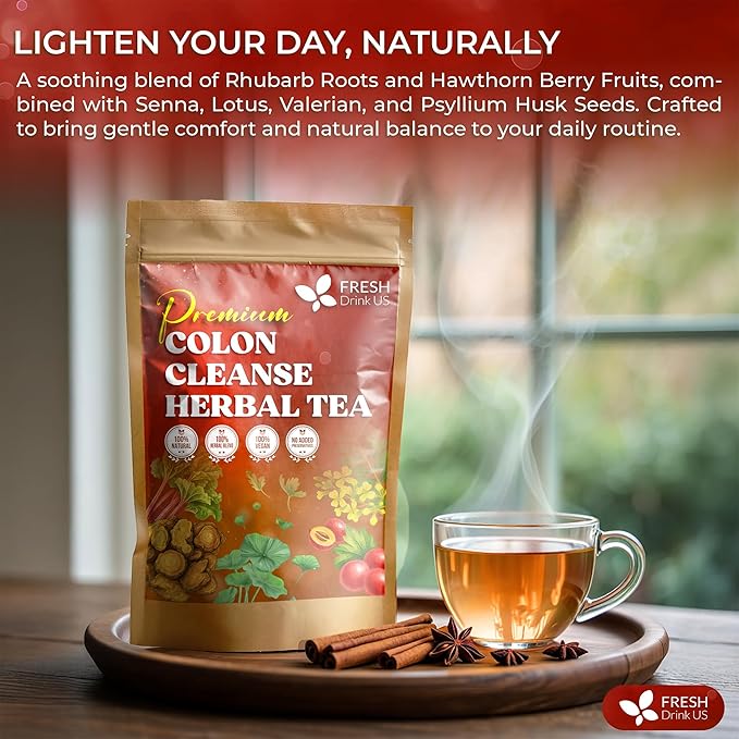 FreshDrinkUS, Premium Colon Cleanse Tea β 60 Tea Bags β Rhubarb Root & Hawthorn Berry with Senna, Lotus Leaf, Valerian Root & Psyllium Husk β Herbal Blend, Caffeine-Free. Vegan