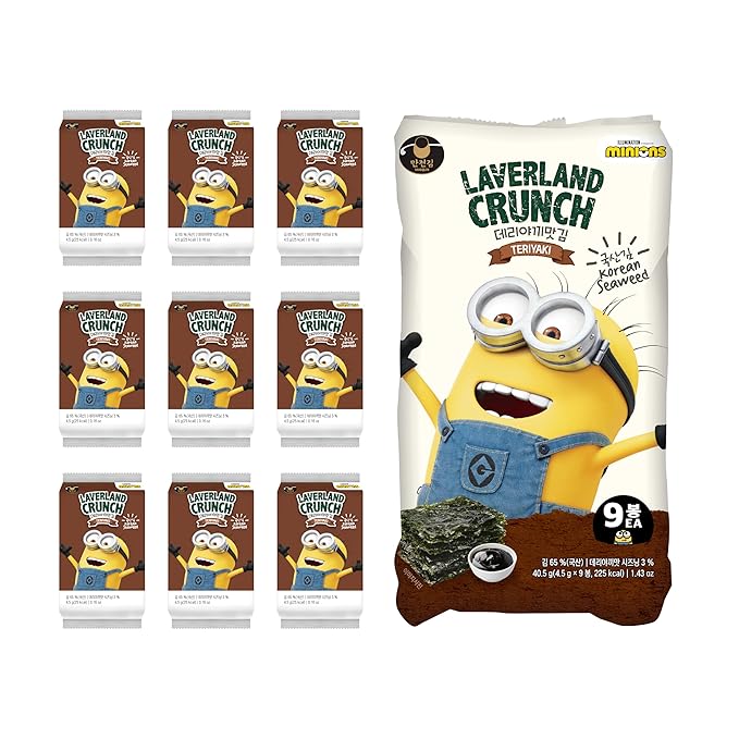 Laverland Crunch Seaweed Snack Teriyaki Flavor 18 Count (2 Packs), Korean Roasted Seaweed, Low Calorie, Vegan and Keto friendly, Gluten Free.