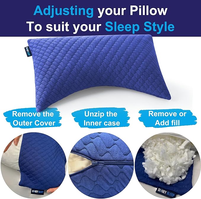 Sidney Sleep Set of 2 Queen Size Bed Pillows for Side and Back Sleepers - Adjustable Filling - Memory Foam Pillows for Neck and Shoulder Pain - Customizable Loft - Extra Foam Included (Blue)