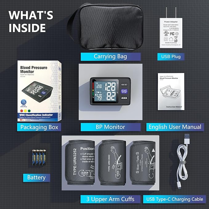 Blood Pressure Monitor Upper Arm with 3 Size Cuffs, Small 7"-9", Medium/Large Cuff 9"-17" and XL Extra Large 13"-21", Automatic Digital BP Cuffs for Home Use, Large LCD with Backlit, BP Machine